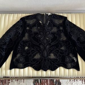 NWT Zara Black Velvet Lace Inset Scallop hem Top SZ L